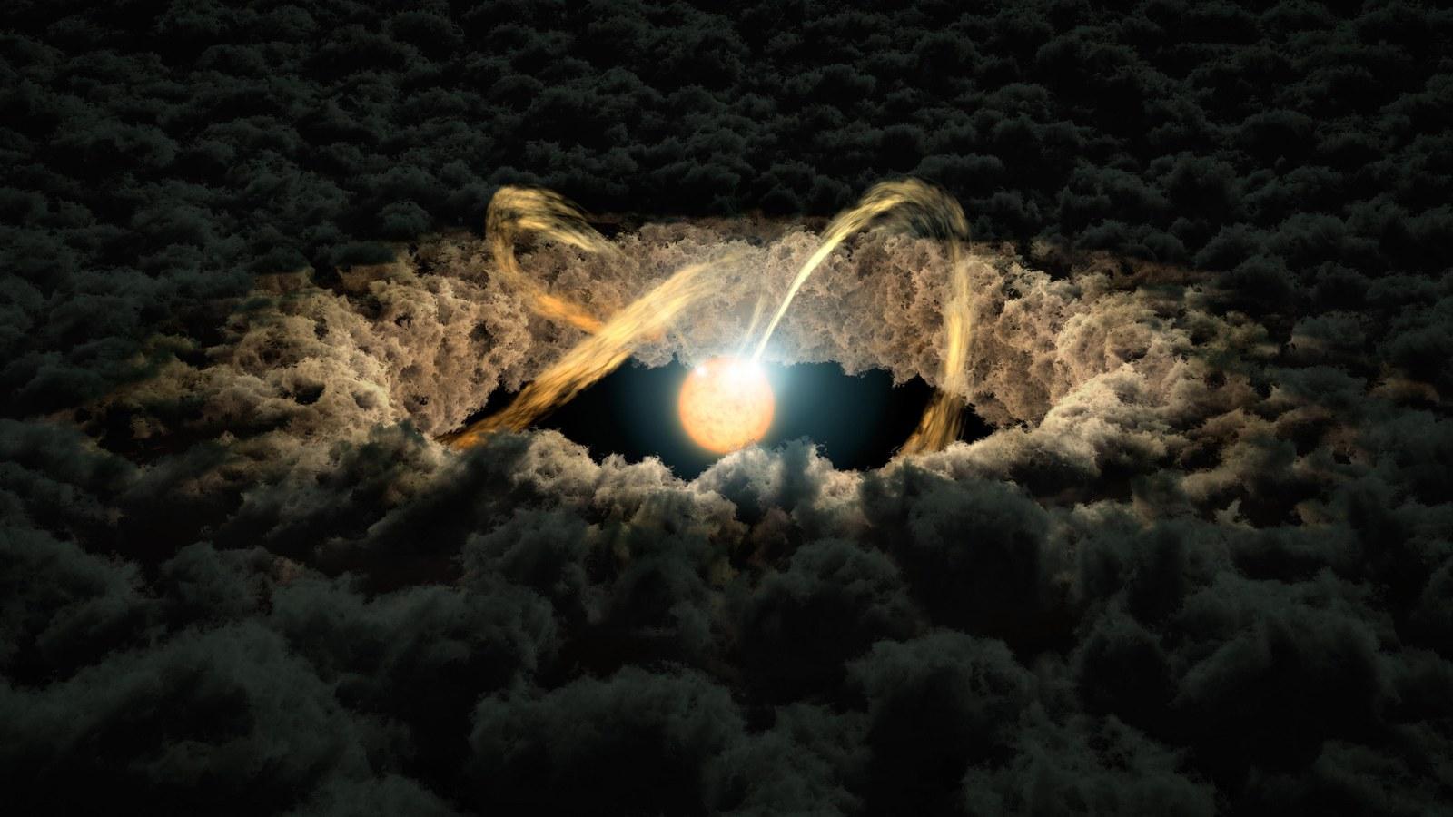 Vue d'artiste d'une étoile entourée d'un disque protoplanétaire de gaz et de poussière, où un anneau sombre marque l'orbite d'une jeune planète.
