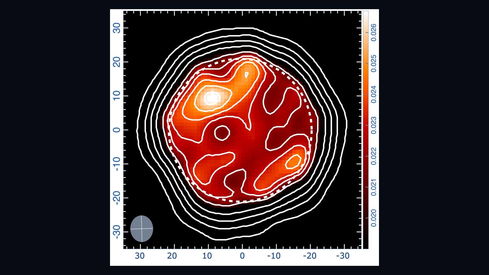 Mapa de contornos ALMA de Betelgeuse en ondas milimétricas, con un círculo punteado que marca el diámetro estelar y picos de emisión al noreste y suroeste.