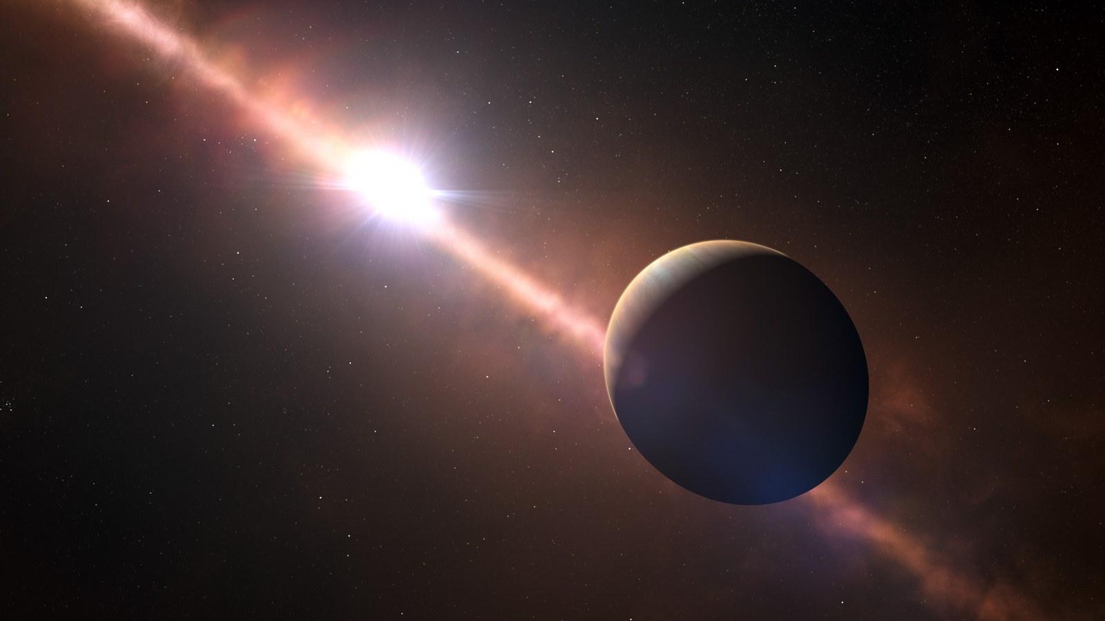Recreación artística del planeta Beta Pictoris b, un gigante gaseoso naranja, delante de su estrella y del disco de polvo del sistema.