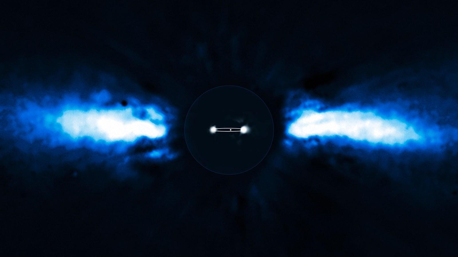 Imagen infrarroja del sistema Beta Pictoris tomada por el VLT: el disco de polvo visto de canto, con el planeta Beta Pictoris b localizado a un lado y otro de la estrella en 2003 y 2009, y su órbita marcada con una línea de puntos.