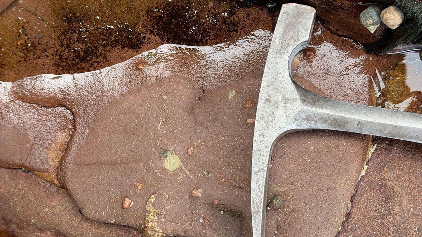 A block of red sandstone on the shore, speckled with irregular grey-green patches, with a geologist's hammer resting on top for scale.