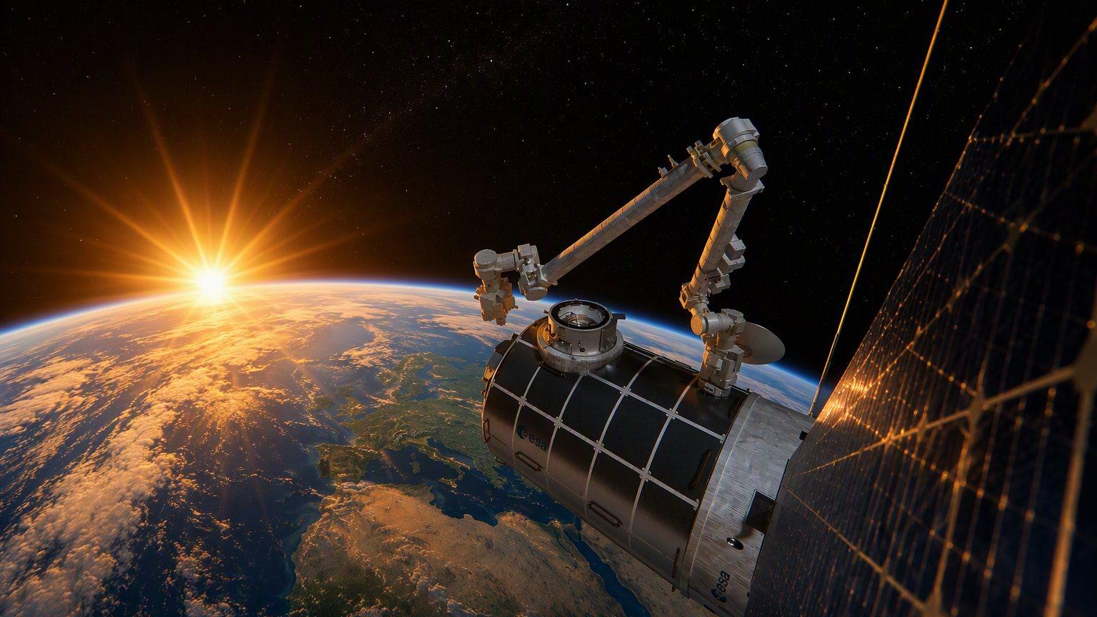 Artist's impression of a European space station in low Earth orbit, with several cylindrical modules joined together above Earth.