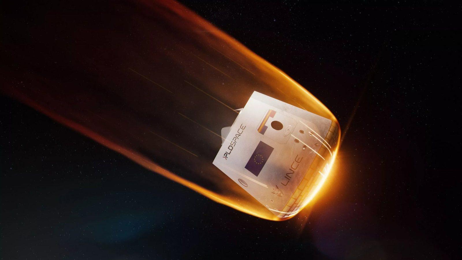 PLD Space's LINCE capsule during atmospheric reentry, wrapped in incandescent plasma.