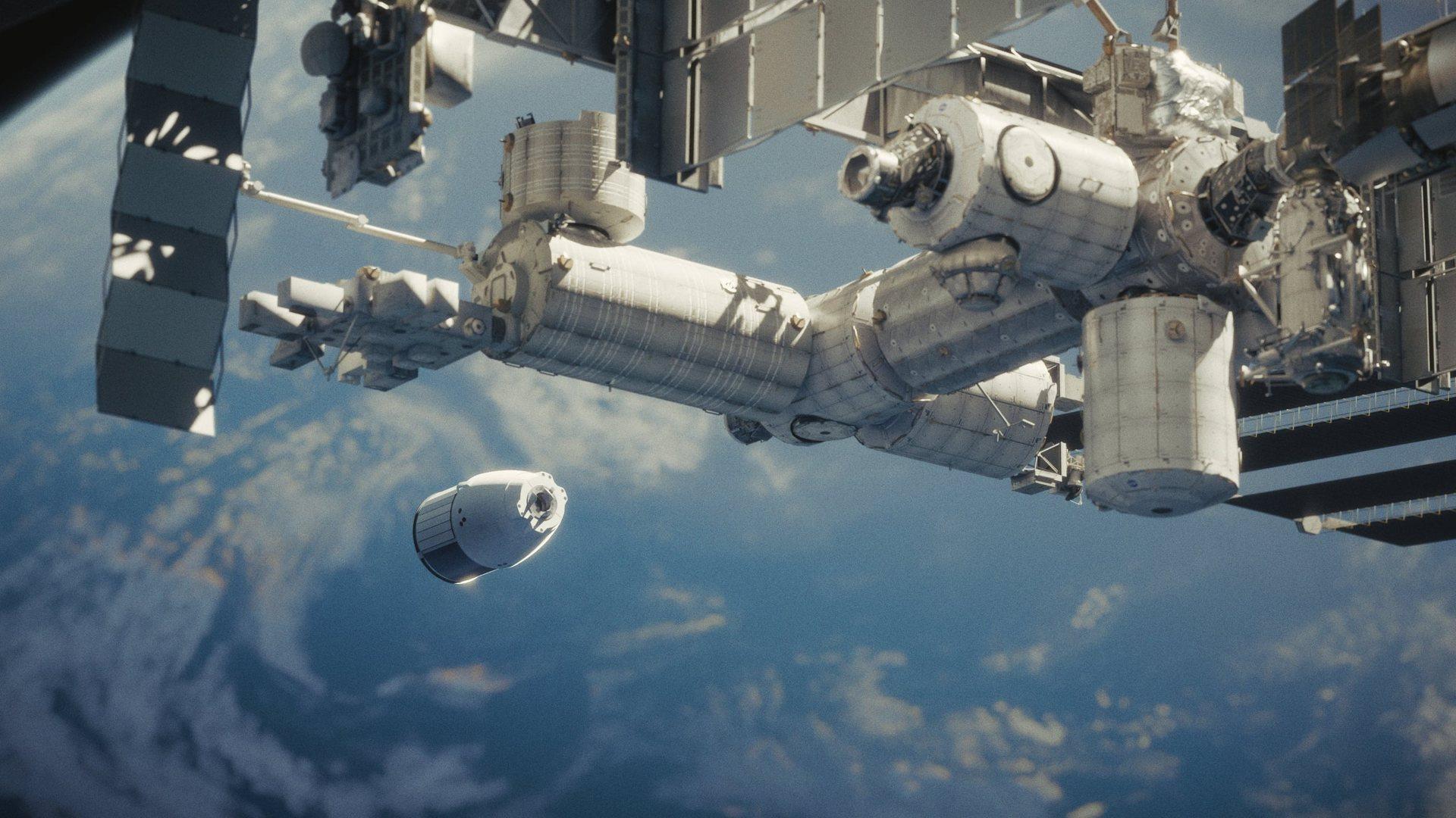 The Exploration Company's Nyx capsule approaching the International Space Station with its solar panels deployed.