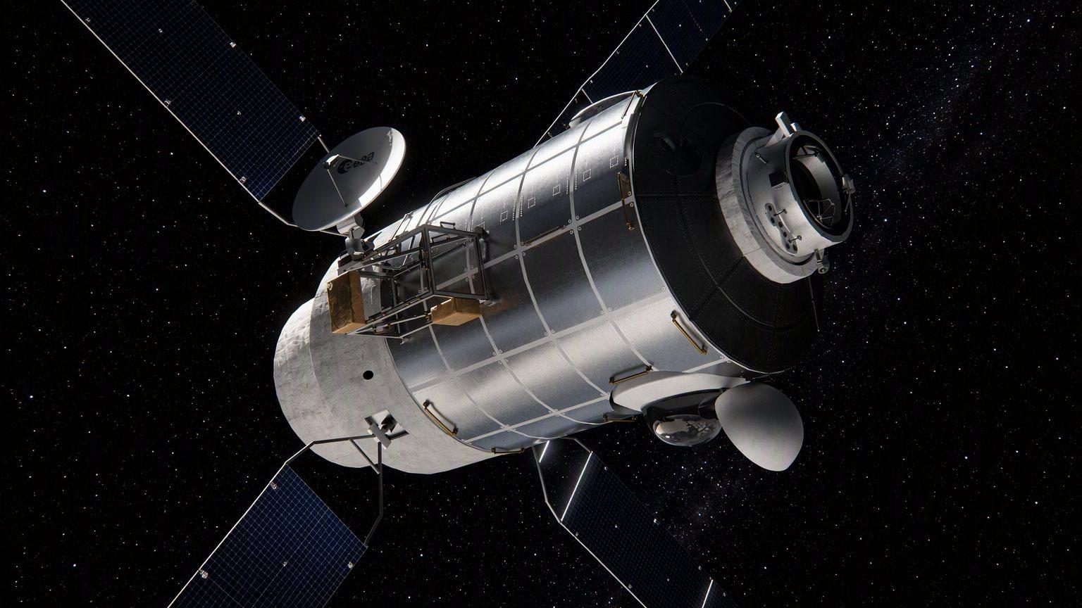 A second artist's impression of a European space station in orbit, showing the assembly of modules with a spacecraft docked to it.