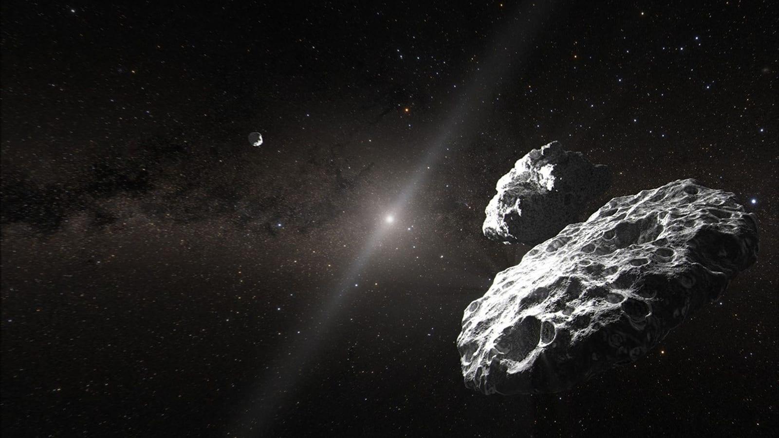Artist's concept of the Altjira system, a probable trio of icy bodies in the Kuiper Belt, with a distant Sun and the Milky Way in the background.