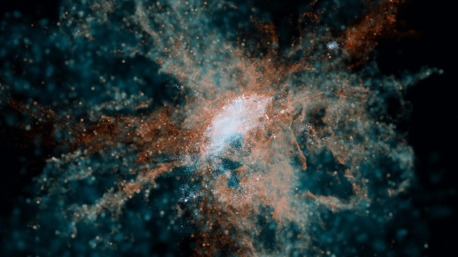 Visualisation d'une galaxie primitive et du gaz qui l'entoure : des volutes orangées de gaz enrichi en éléments lourds sont expulsées de la galaxie vers l'espace intergalactique.