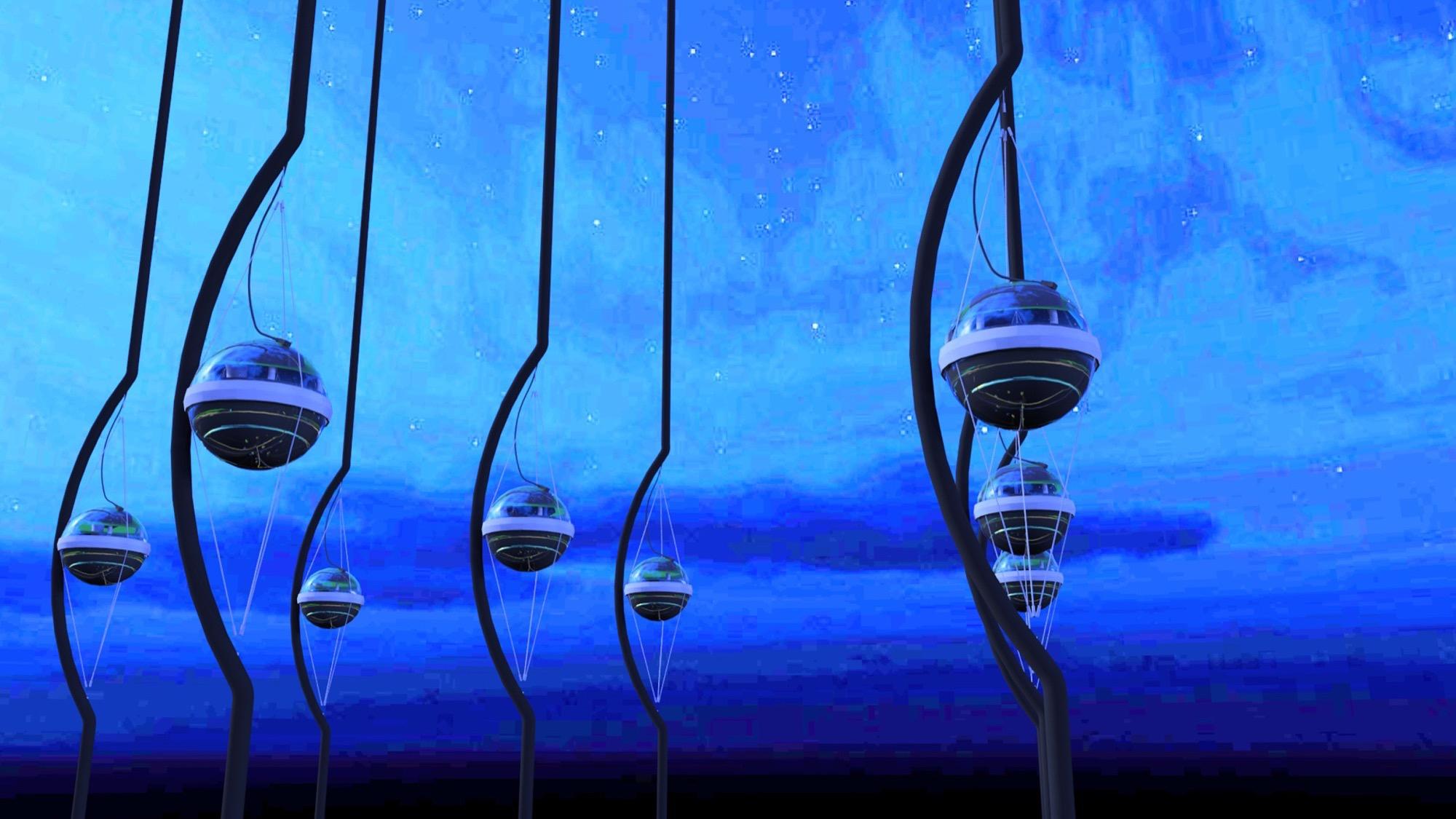 Vista artística del interior de IceCube: cuerdas verticales de módulos ópticos esféricos suspendidos en el hielo azulado, formando una red regular.