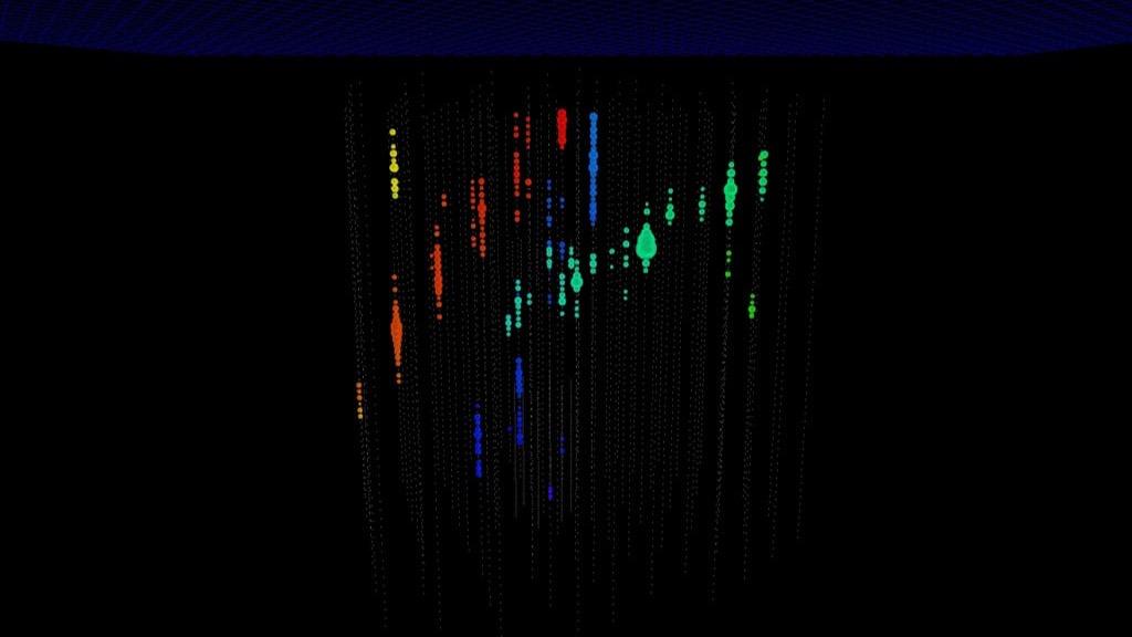 Esquema de un evento de neutrino en IceCube: un cono de luz azul desde el punto de colisión en el hielo, con las líneas verticales de los sensores ópticos.