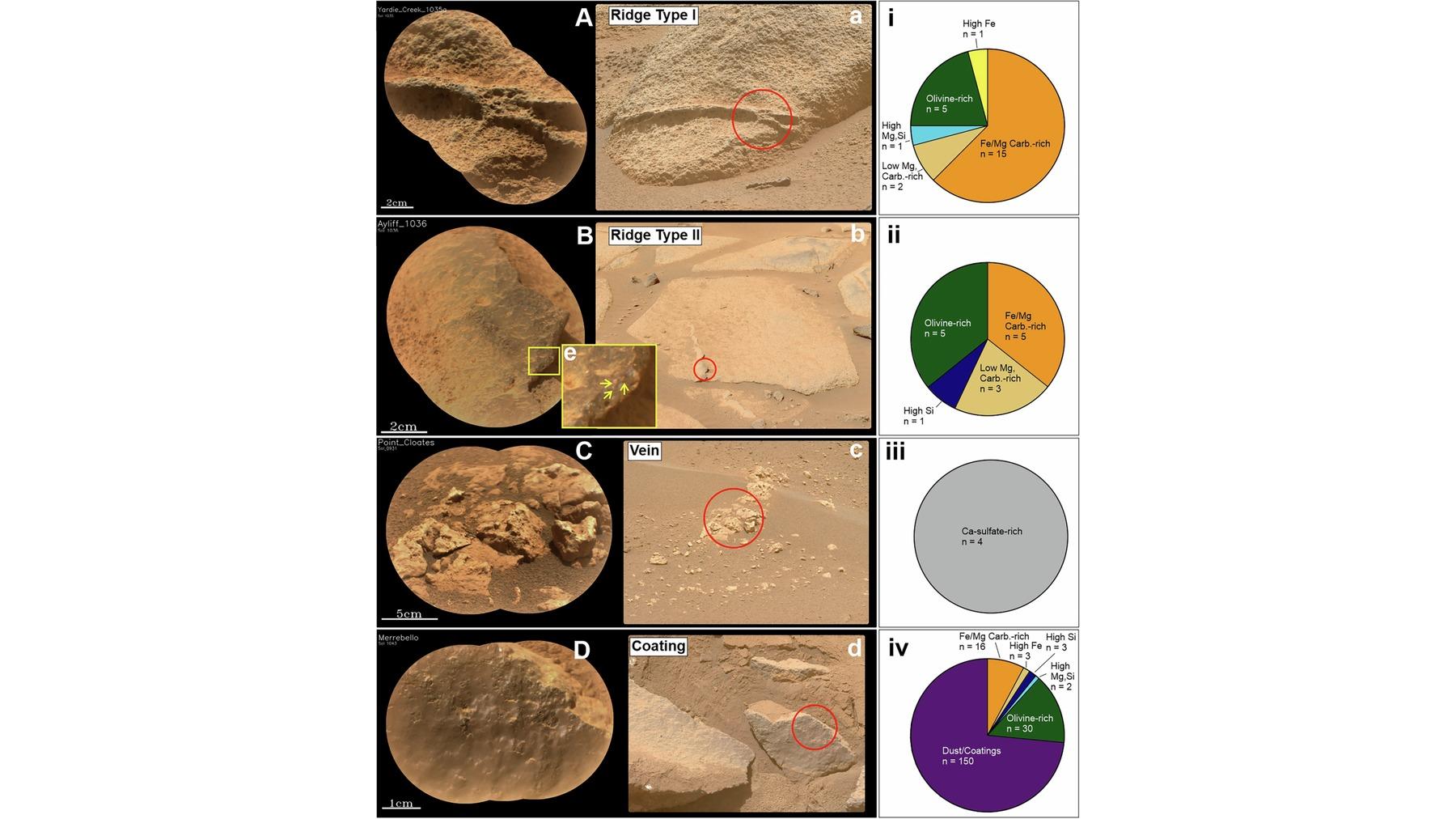 Scientific plate comparing four alteration features in the Margin Unit, each shown as a close-up of the textured rock alongside a wider Mastcam-Z view, with the mineral composition of each target displayed in pie charts.