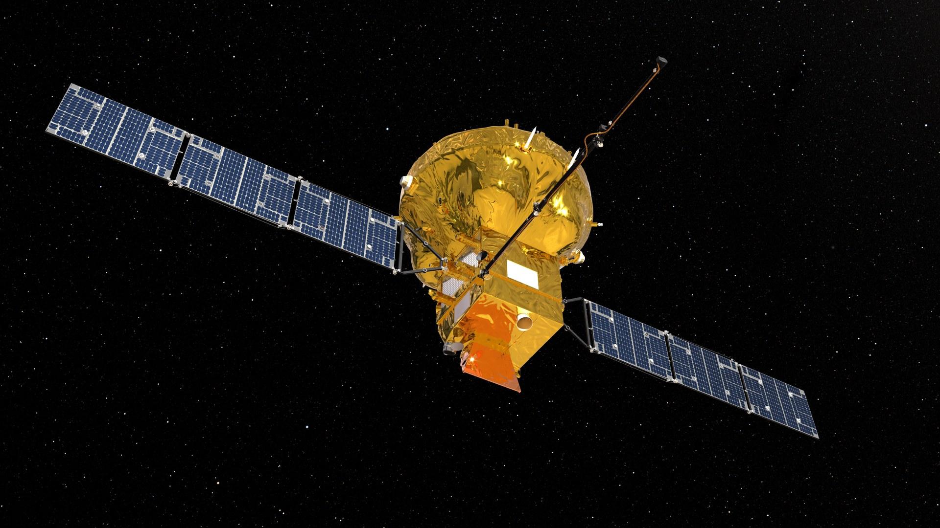 Vue d'artiste du satellite Smile : un corps doré prolongé par deux panneaux solaires bleus, avec une antenne pointant vers le haut, sur fond d'étoiles.
