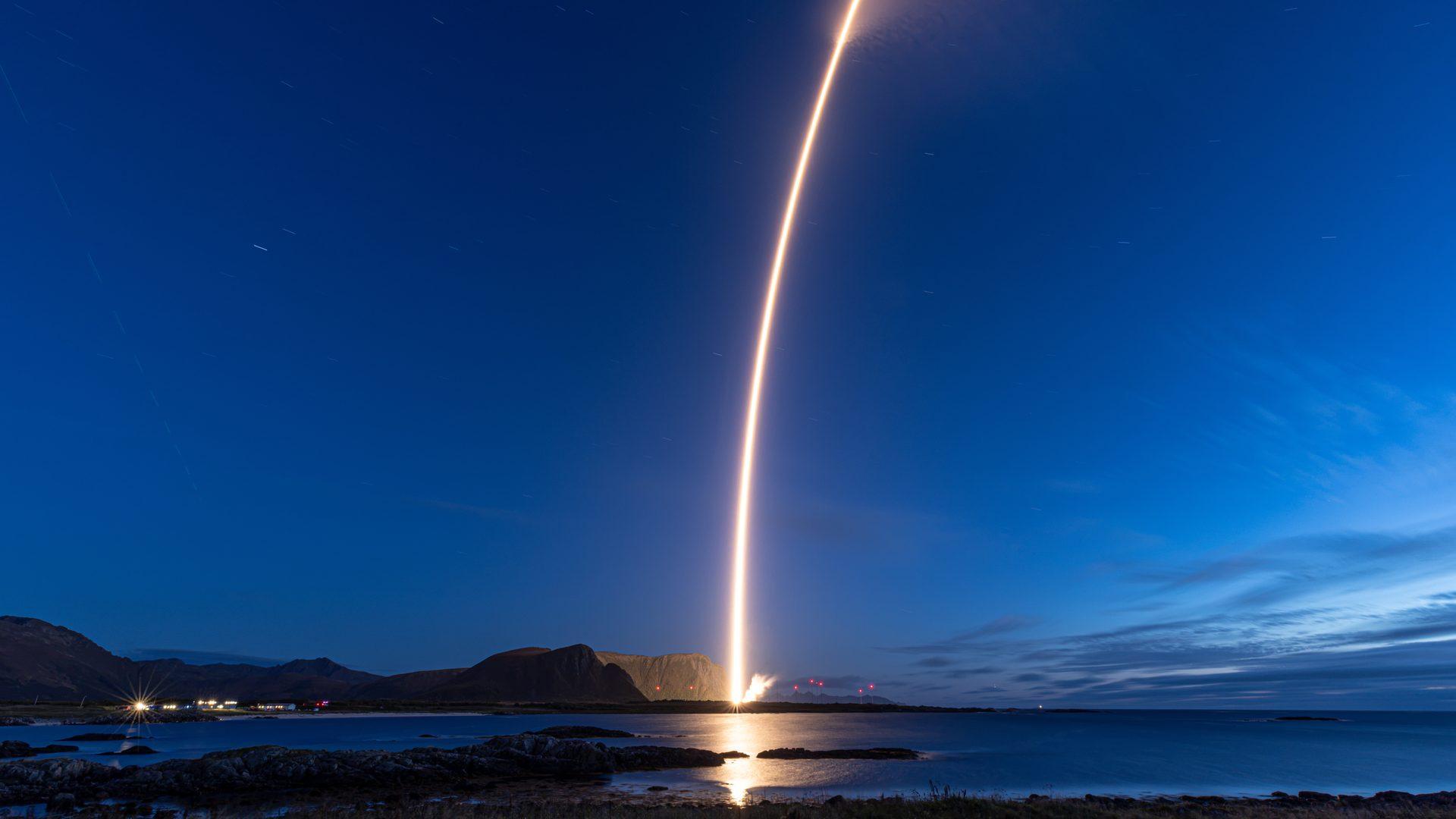 Isar Aerospace's Spectrum rocket climbs toward orbit above Andøya Spaceport in Norway, on September 5, 2026.