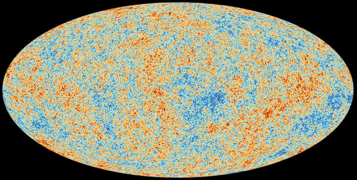 Carte de tout le ciel montrant les fluctuations de température du fond diffus cosmologique observées par la mission Planck, en taches colorées du bleu au rouge.