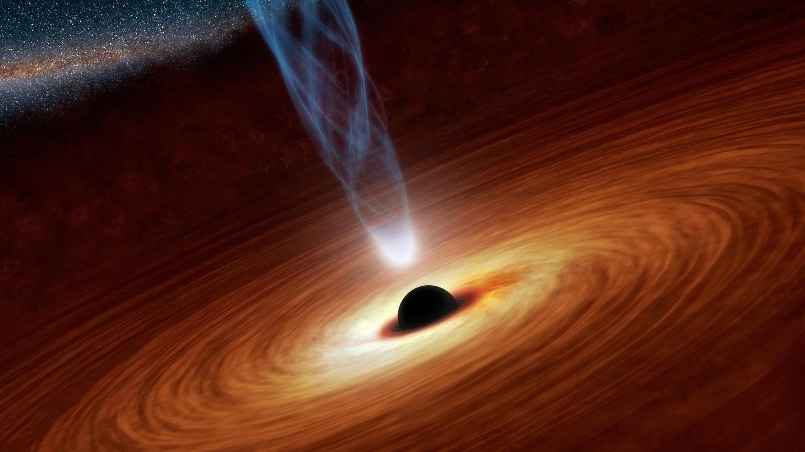 Vue d'artiste d'un trou noir entouré de son disque d'accrétion incandescent, sur un fond d'étoiles.