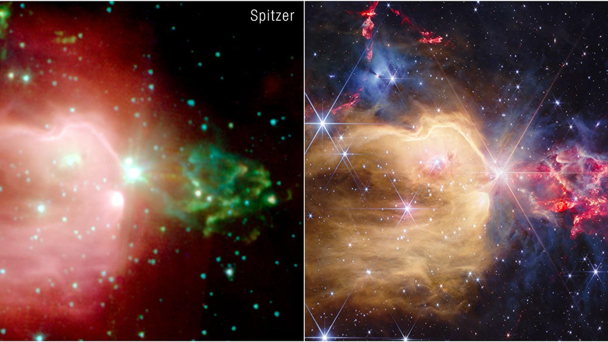 Side-by-side comparison of NGC 7129 seen by Spitzer and by Webb: the Spitzer version shows a diffuse blob, while the Webb version reveals sharp filaments, pinpoint stars and distant background galaxies.