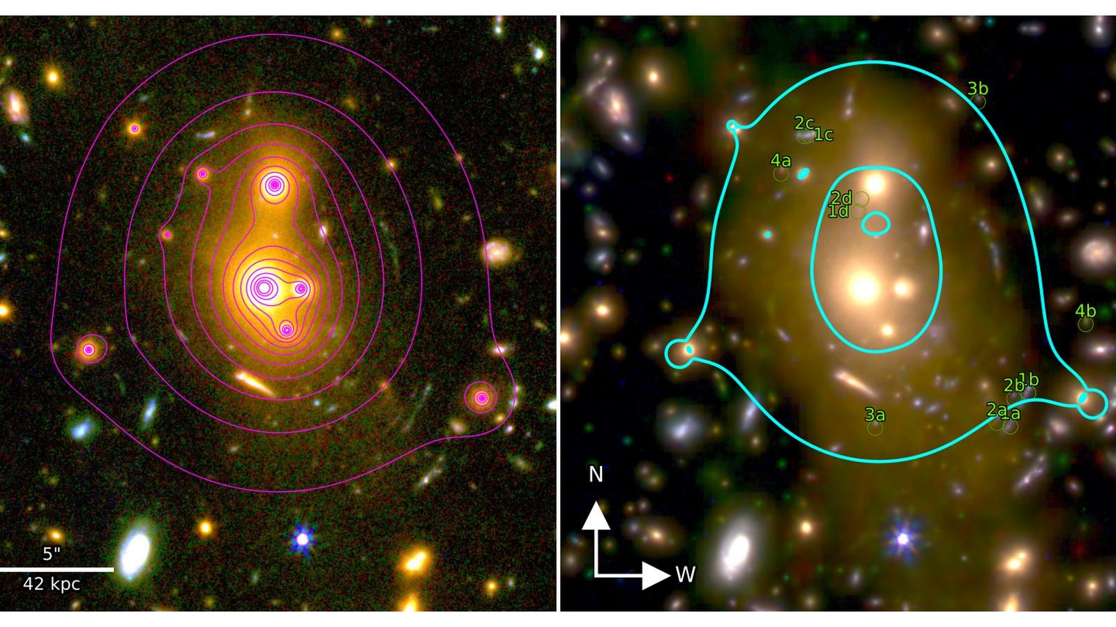 Dos paneles: a la izquierda el mapa de masa reconstruido sobre la imagen en color del cúmulo, a la derecha las curvas críticas del modelo de lentes superpuestas a la imagen del núcleo.