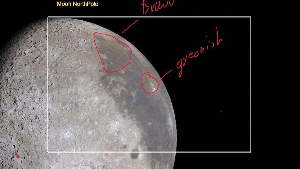 Hand-annotated screenshot: on the right, the near side of the Moon as seen from Earth, marked by vast dark plains, with handwritten notes pointing to colour variations spotted from Orion.