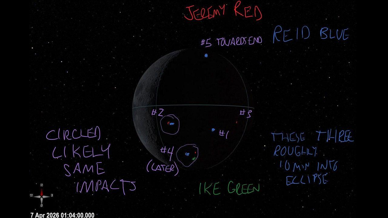 Screenshot from an Artemis II crew member's tablet: coloured handwritten notes mark, over a simulated view of the dark Moon eclipsing the Sun, the positions of impact flashes seen by three astronauts.