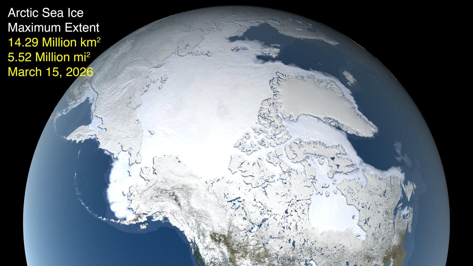 Map of the North Pole seen from above, with sea ice shown in white across the central Arctic Ocean, surrounded by grey continents and dark blue open water.