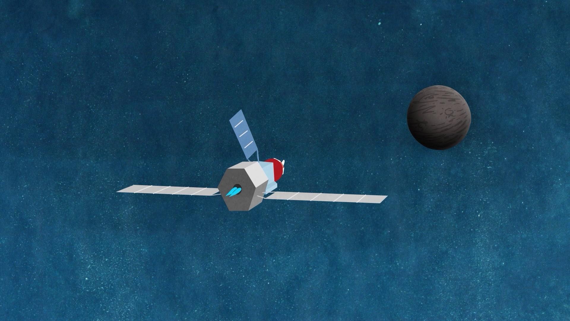 Vue d'artiste de l'ensemble BepiColombo à l'approche de Mercure, la planète grise et cratérisée visible à l'arrière-plan.