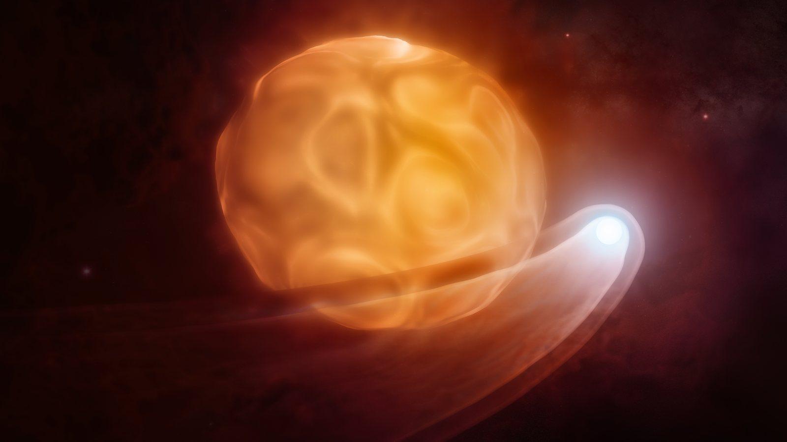 Ilustración de la pequeña y caliente estrella compañera Siwarha atravesando la atmósfera roja y deformada de Betelgeuse y dejando una estela.