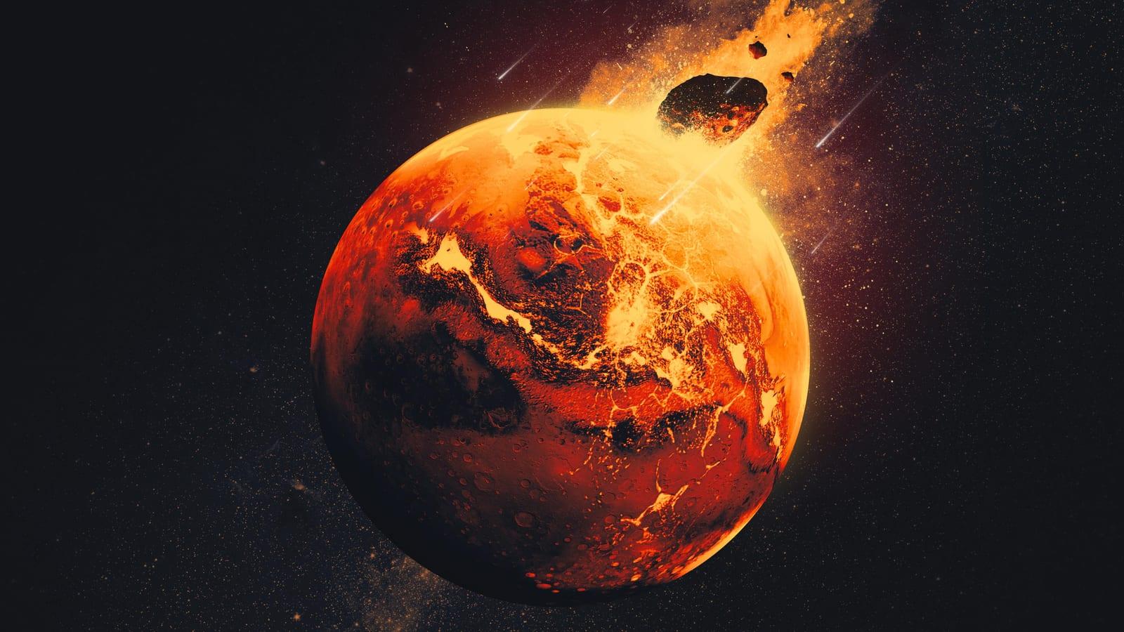 Visión artística de impactos gigantes en Marte hace 4500 millones de años, con columnas de escombros elevándose sobre la superficie.