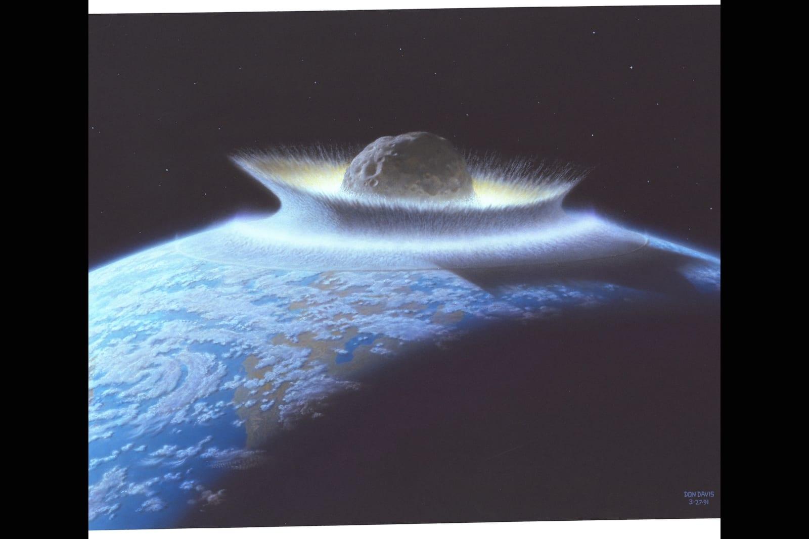 Visión artística de un impacto gigante en la Tierra primitiva hace 3500 millones de años, con una bola de fuego y una columna de escombros.