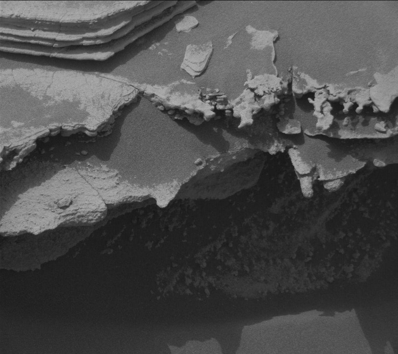Vista Mastcam de la roca marciana: rocas grises claras con capas y superficies rugosas y resistentes que contrastan con la roca anfitriona.