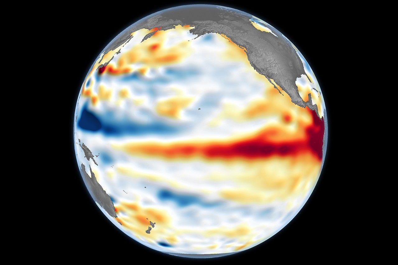 Map of the equatorial Pacific showing a broad orange and red zone of higher-than-normal sea surface height off South America on 8 June 2026.