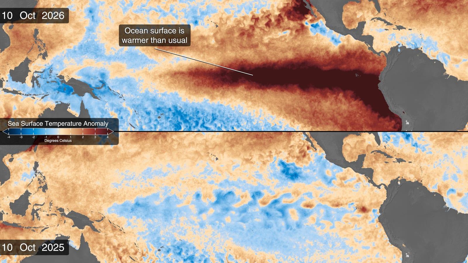 Two maps of the tropical Pacific comparing sea surface temperature in 2025 and 2026, with a broad dark red band in 2026 running from the equator to the South American coast.