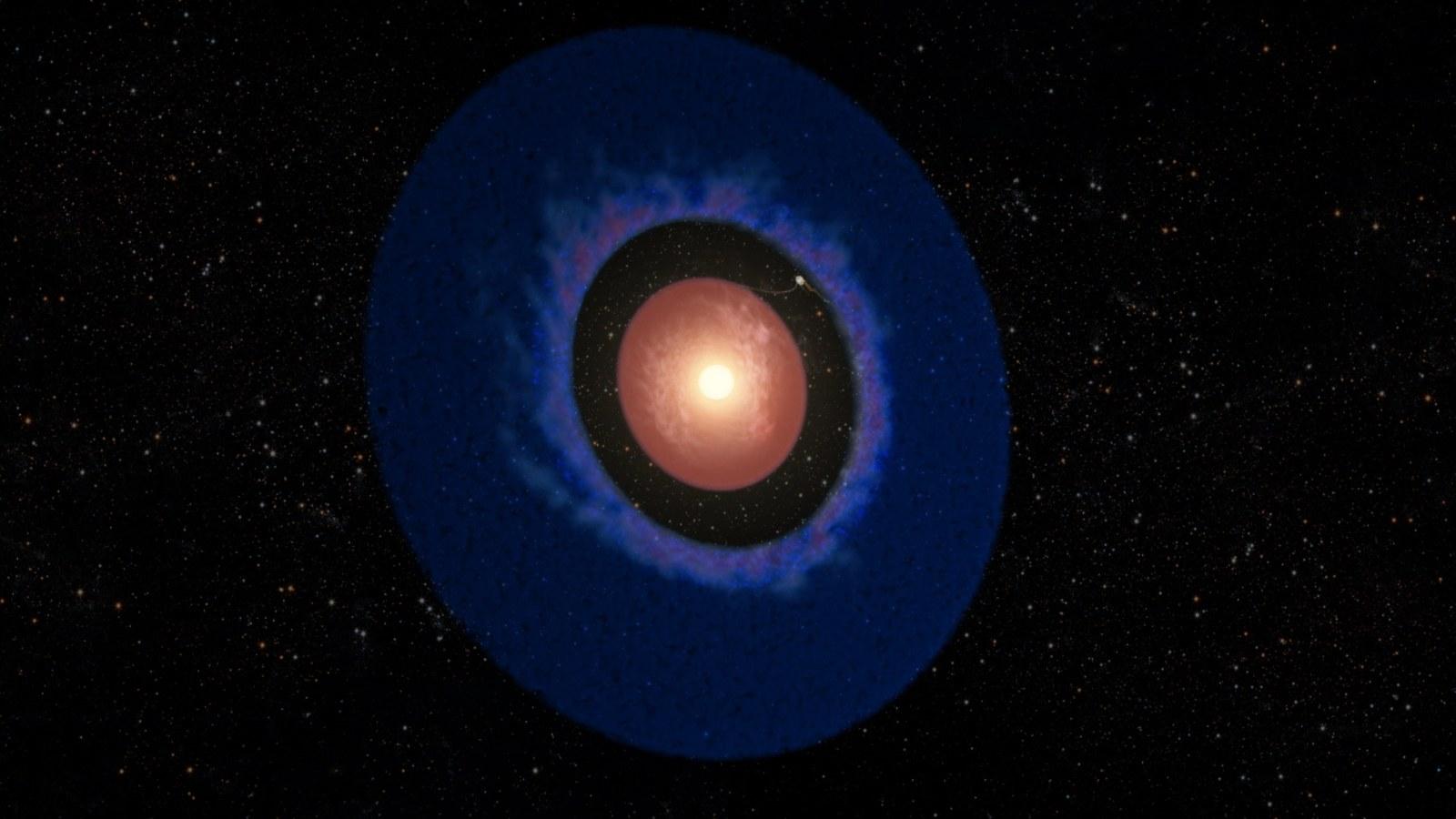 Vue d'artiste d'Elias 2-24 b, une géante gazeuse encore en formation dans un large vide de son disque de gaz et de poussière, éclairée par la lumière orangée de son étoile.
