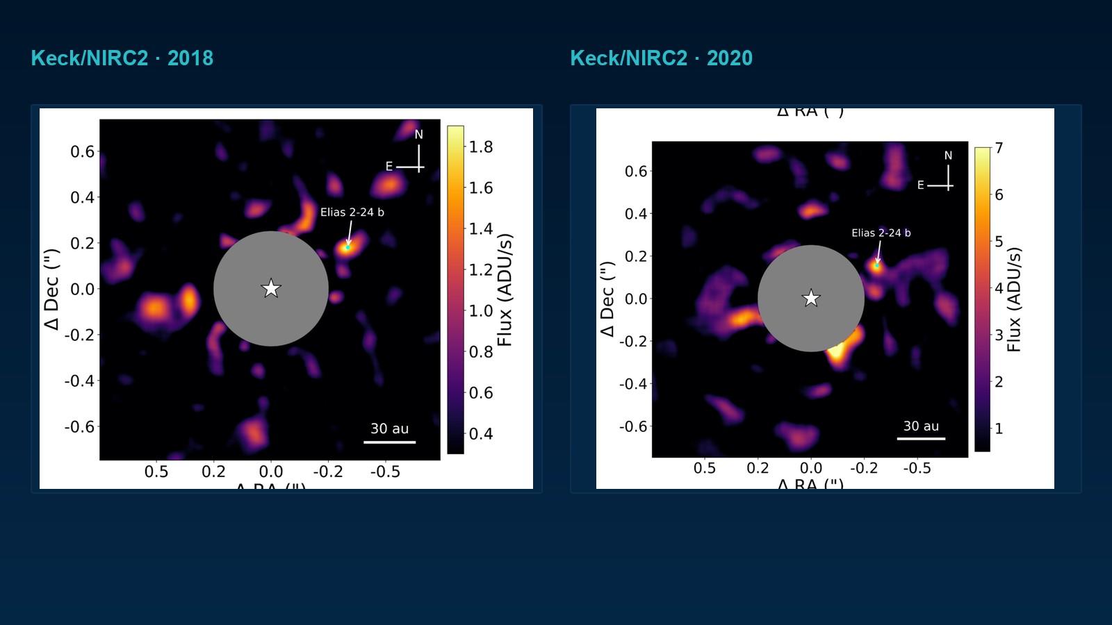 Deux images du coronographe du télescope Keck prises à deux ans d'écart, montrant un point lumineux isolé à côté de l'étoile Elias 2-24, signalé par une flèche blanche.