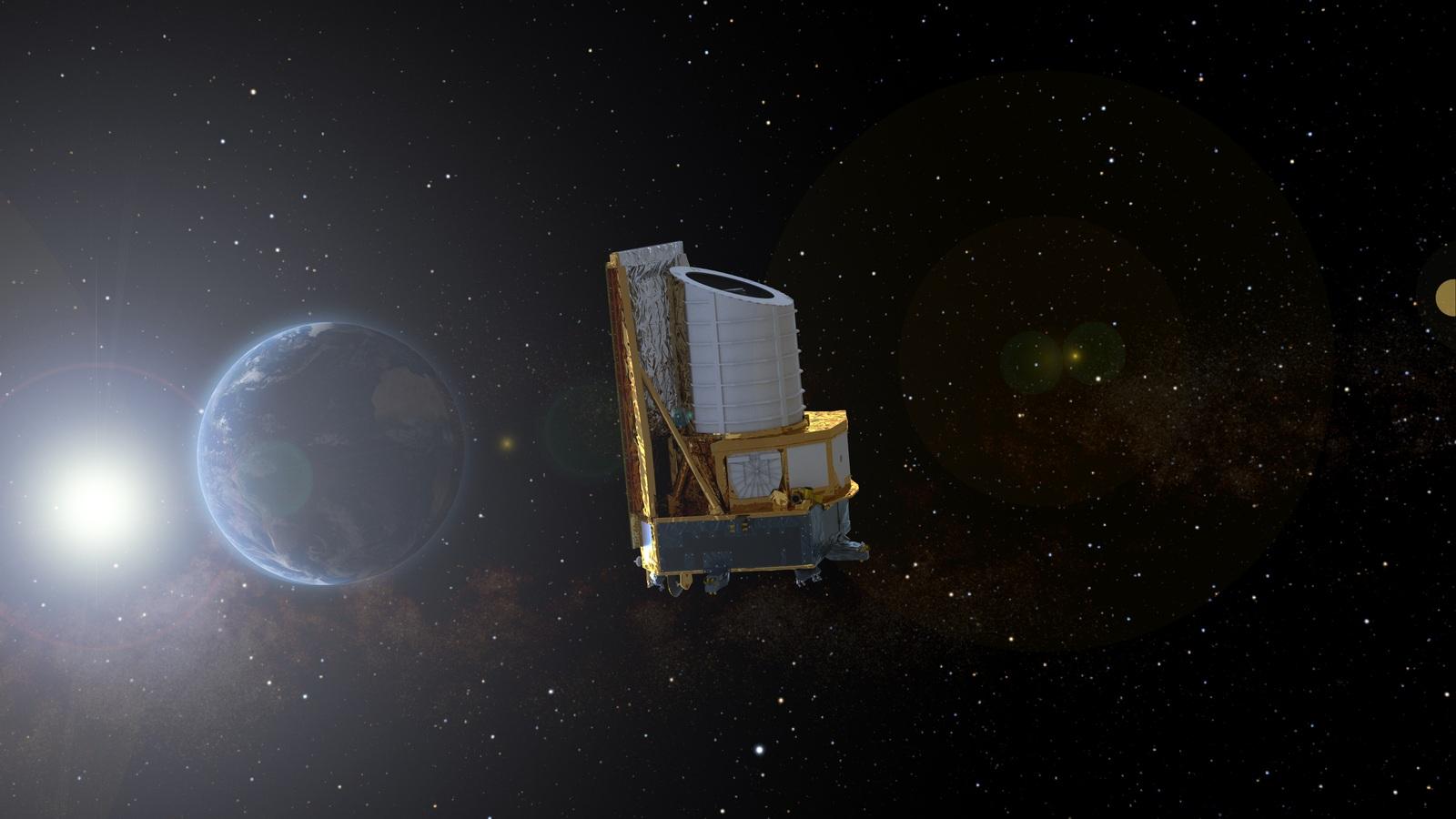 Vue d'artiste d'Euclid s'éloignant de la Terre vers le point de Lagrange L2 : la sonde, à droite d'une grande Terre bleu-gris, sur fond de ciel noir.