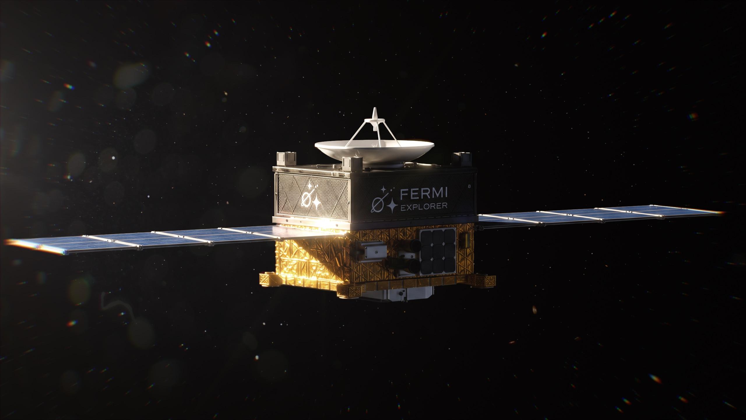 Vue d'artiste du vaisseau Fermi Explorer en croisière, panneaux solaires alignés vers le Soleil.