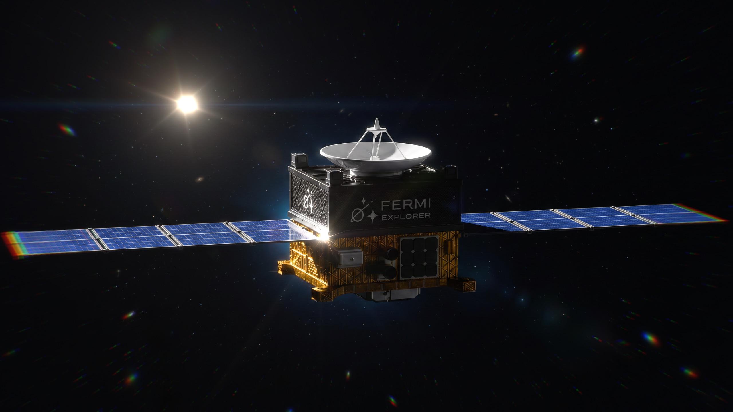 Vue d'artiste du vaisseau Fermi Explorer avec ses panneaux solaires déployés en configuration de croisière.