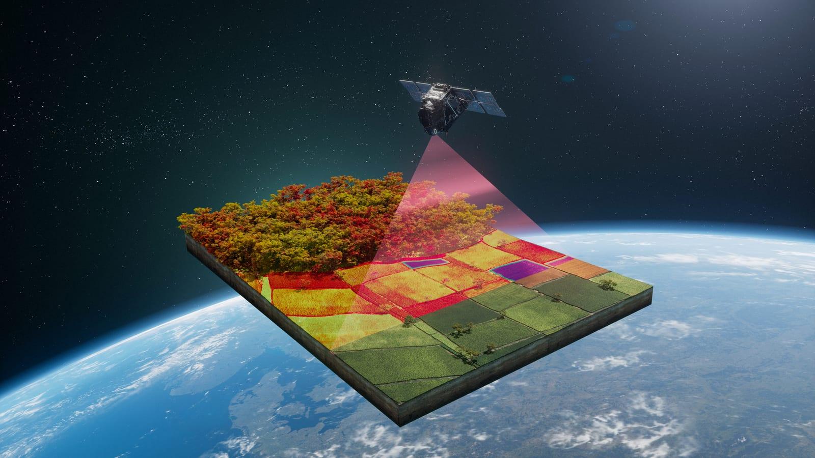 Ilustración del satélite FLEX en órbita, cuyo instrumento detecta la fluorescencia emitida por la vegetación, representada con un velo de color sobre los continentes.