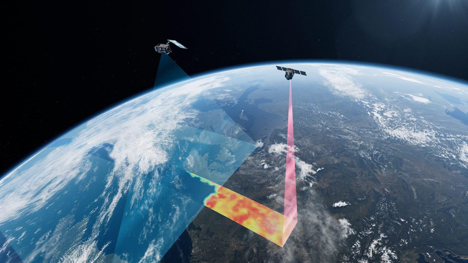 Ilustración de FLEX y un satélite Sentinel-3 volando en tándem sobre la Tierra, con sus instrumentos apuntando a la misma región.
