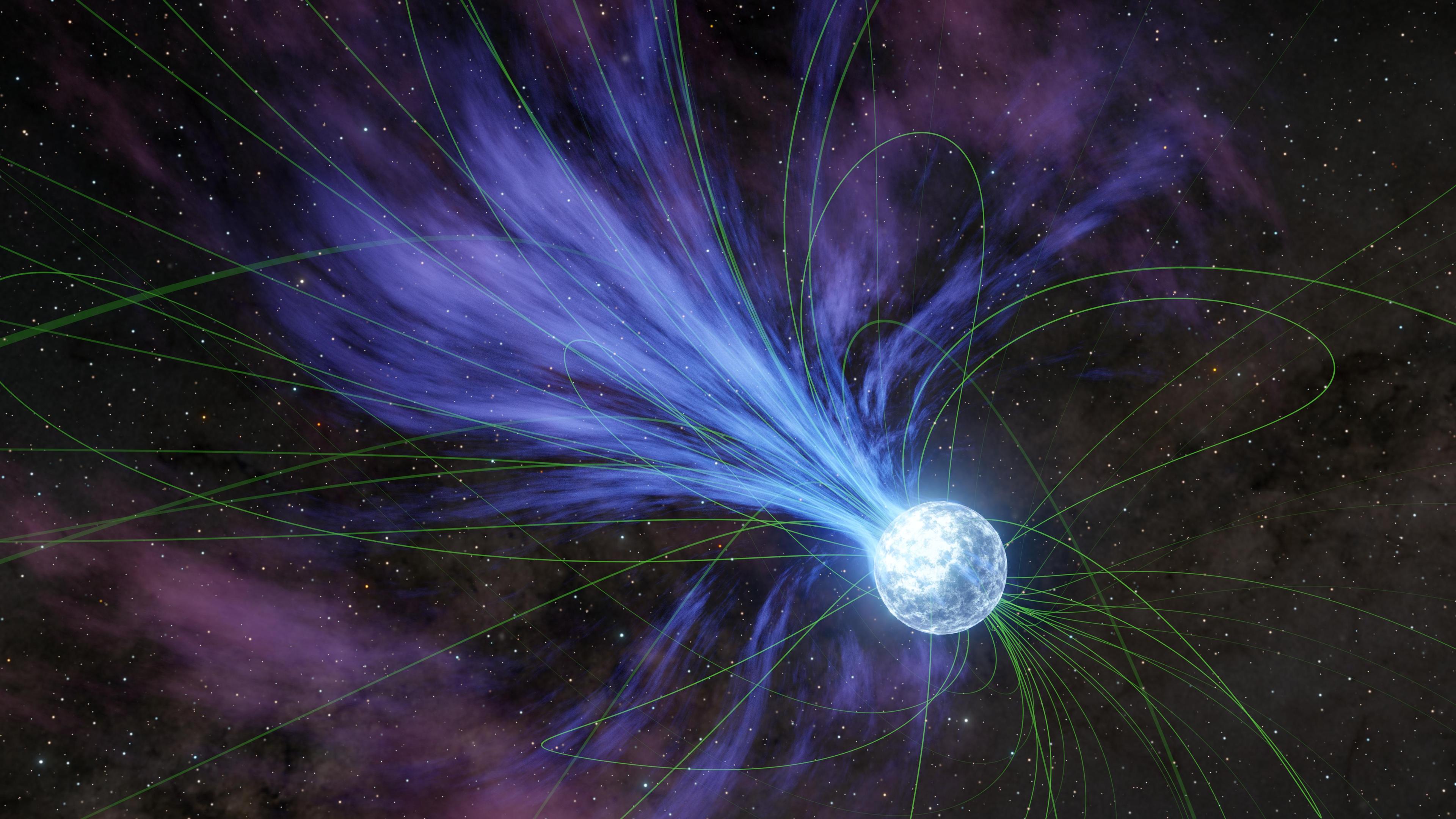 Artist's concept of a magnetar, an ultra-magnetic neutron star, surrounded by thin green lines tracing its magnetic field and shedding material into space.