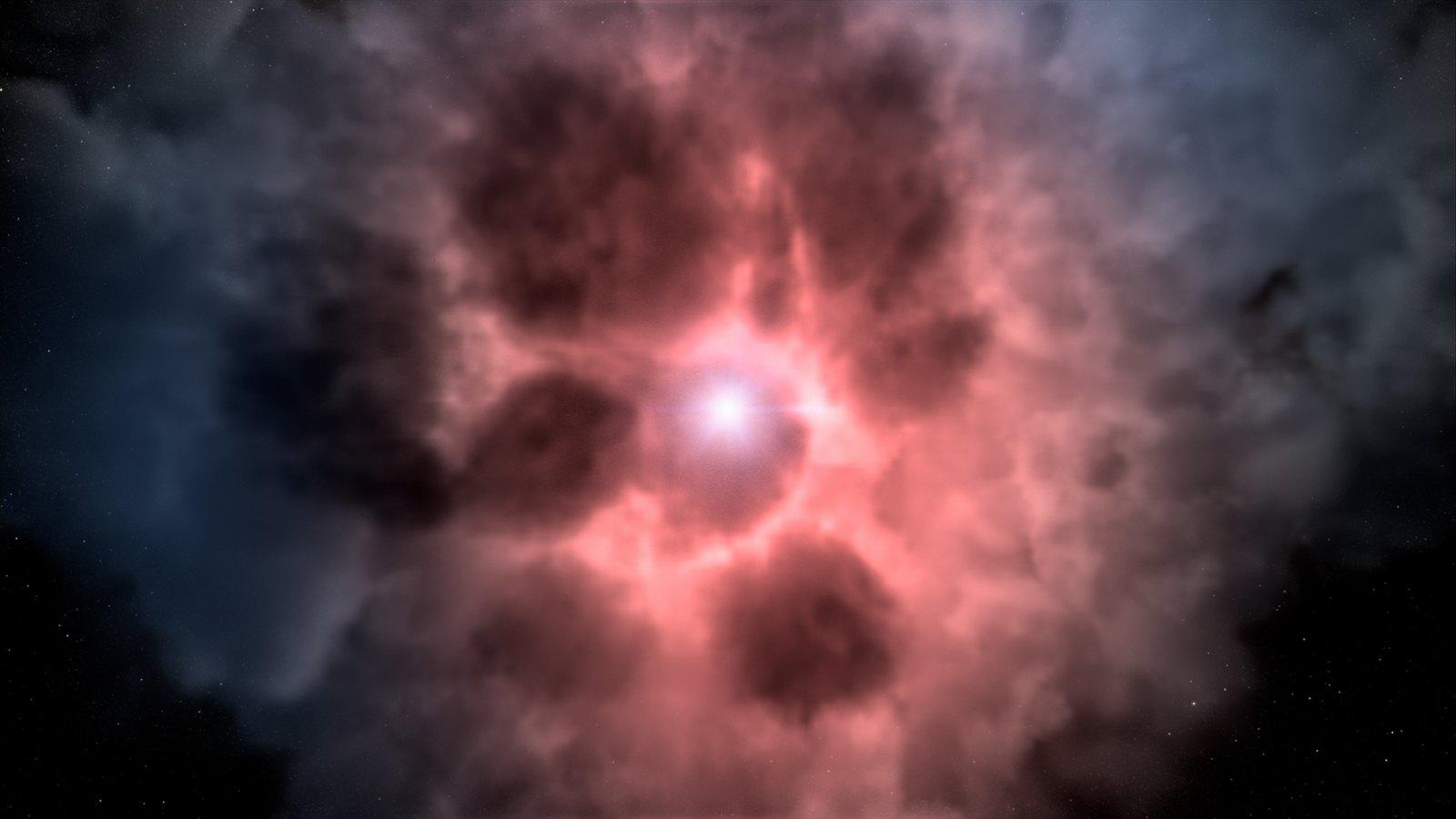 Vue d'artiste d'un sursaut gamma : un jet de particules lumineuses jaillit de l'effondrement d'une étoile massive, au cœur d'un nuage de gaz et de poussière.