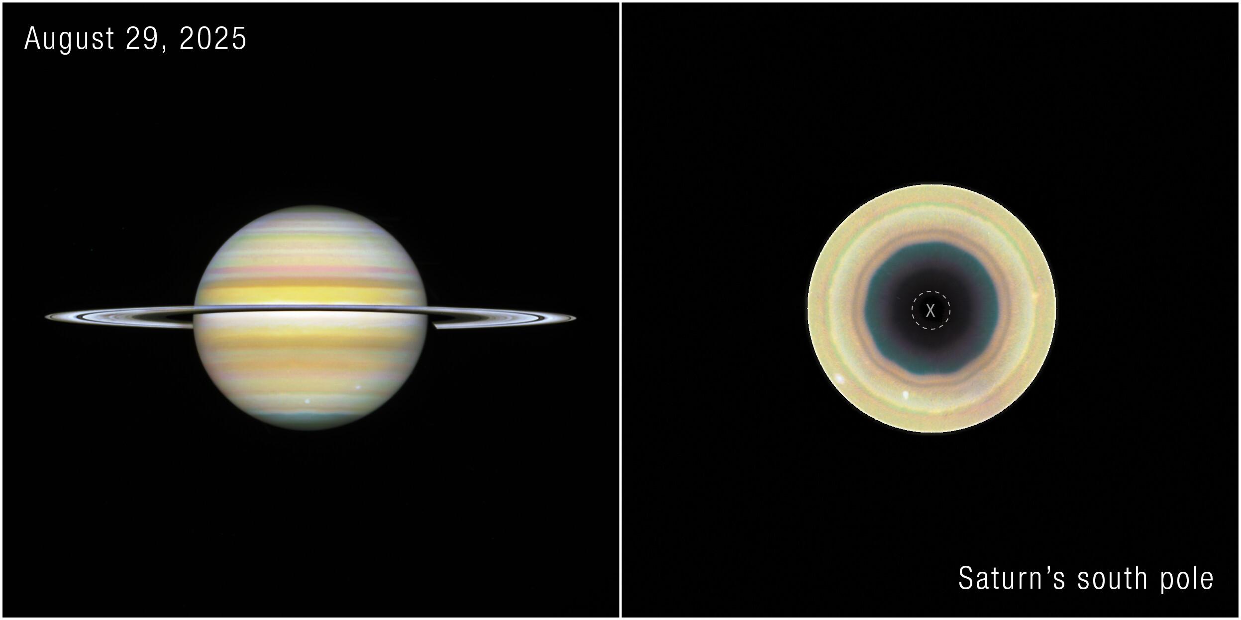 Dos vistas de Saturno por Hubble: a la izquierda el planeta de frente con sus bandas de nubes, a la derecha el polo sur donde bandas concéntricas rodean una región oscura de contorno decagonal.