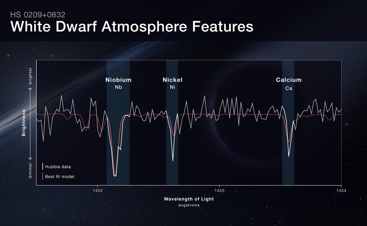 Gráfico titulado HS 0209+0832, White Dwarf Atmosphere Features, con datos espectrales de Hubble en blanco y un modelo de ajuste en rojo, que muestra huecos estrechos etiquetados como Niobium Nb, Nickel Ni y Calcium Ca.