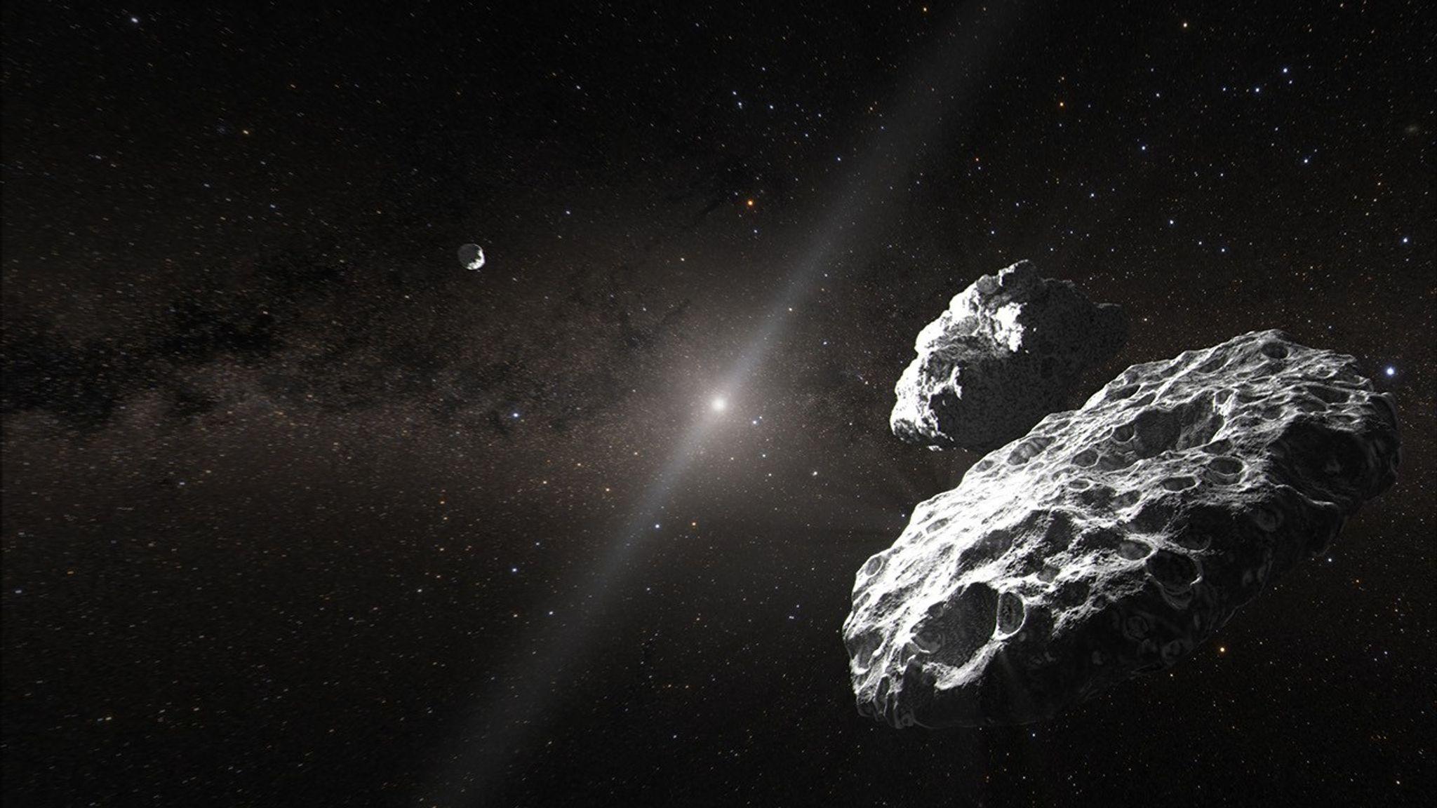 Artist's concept of the Altjira system, a probable trio of icy bodies in the Kuiper Belt, with a distant Sun and the Milky Way in the background.