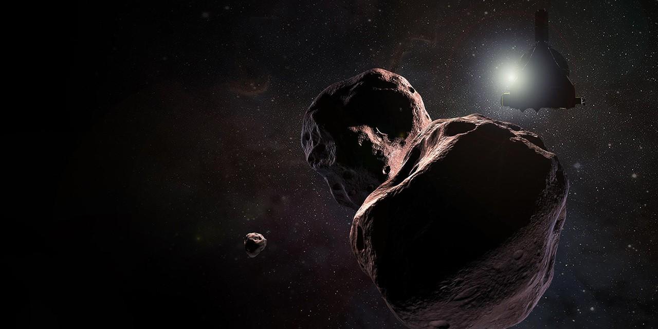 Artist's illustration of the New Horizons spacecraft flying past Arrokoth, a small bilobed Kuiper Belt object, against a field of stars.
