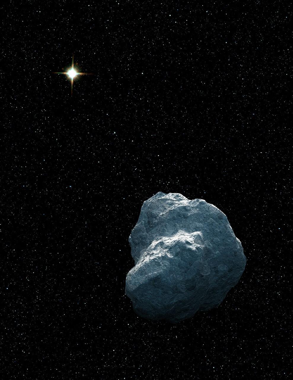 Artist's concept of a trans-Neptunian object: an irregular block of ice and rock with craggy outlines, floating in black space beyond Neptune.