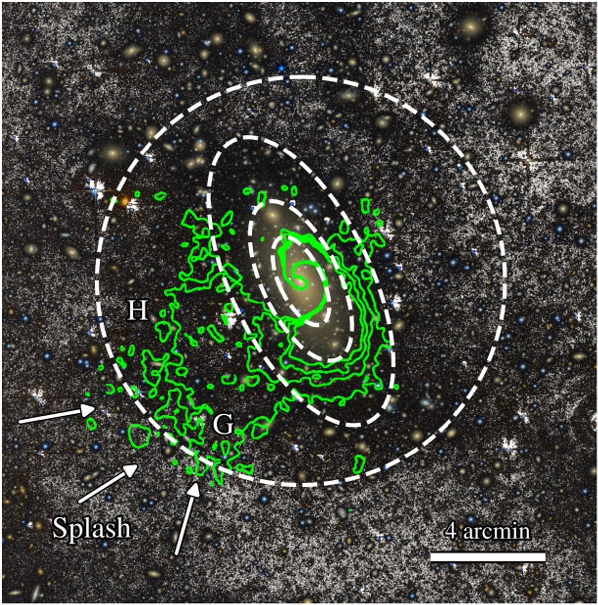 Image optique profonde d'IC 1101 sur laquelle sont superposés, en vert, les contours de l'émission résiduelle en rayons X du gaz chaud de l'amas Abell 2029, avec des ellipses et un cercle en pointillés qui marquent les transitions radiales mesurées.