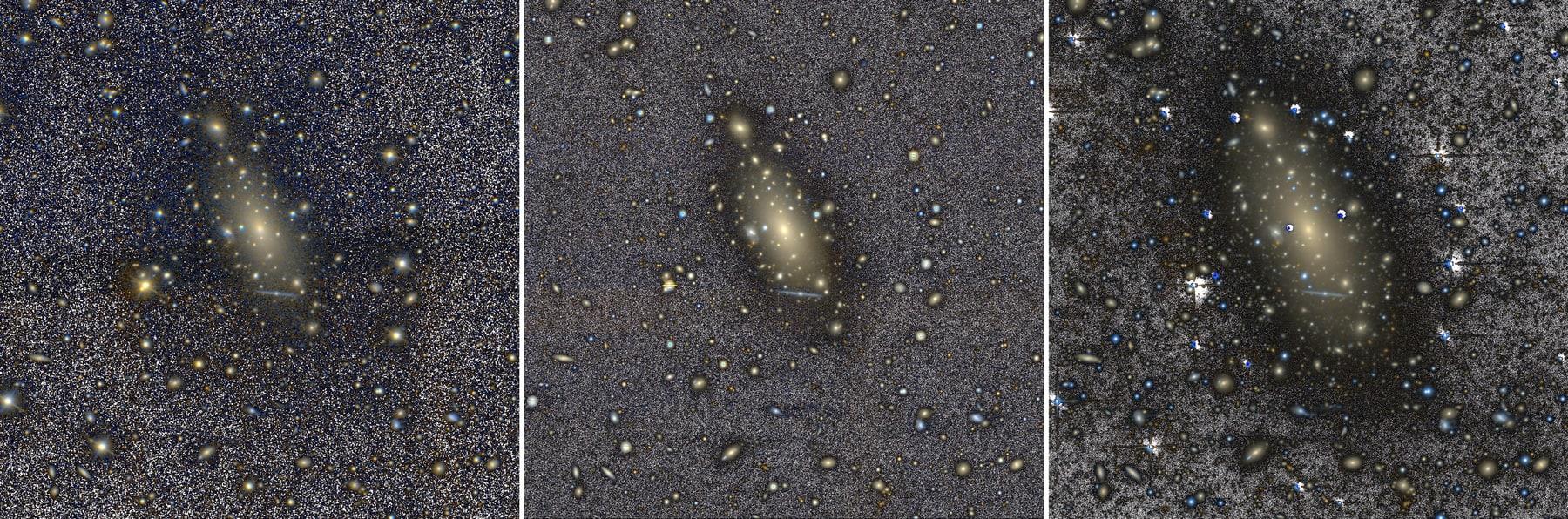 Trois vues d'IC 1101 côte à côte : à gauche le relevé SDSS, au centre le relevé DESI, à droite l'image profonde du télescope Isaac Newton, qui montre nettement plus de lumière diffuse autour de la galaxie.