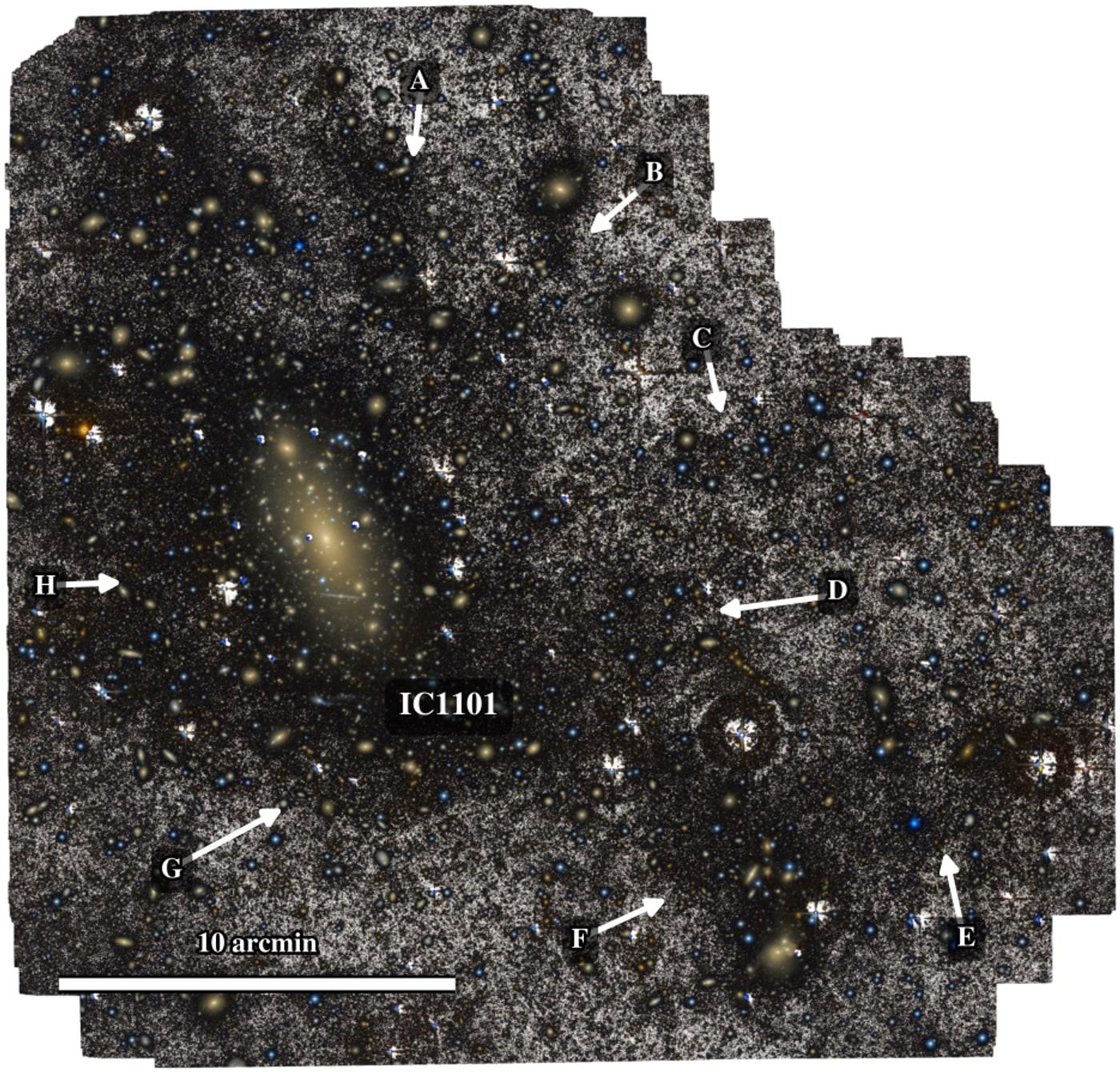 Image profonde d'IC 1101 en fausses couleurs avec des flèches annotées de A à H pointant vers des structures diffuses étendues autour de la galaxie.
