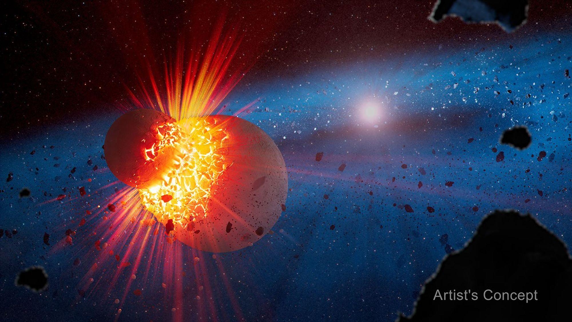Vue d'artiste d'un disque de débris autour d'une étoile, où un petit embryon planétaire percute un corps plus gros dans un halo de débris rocheux.