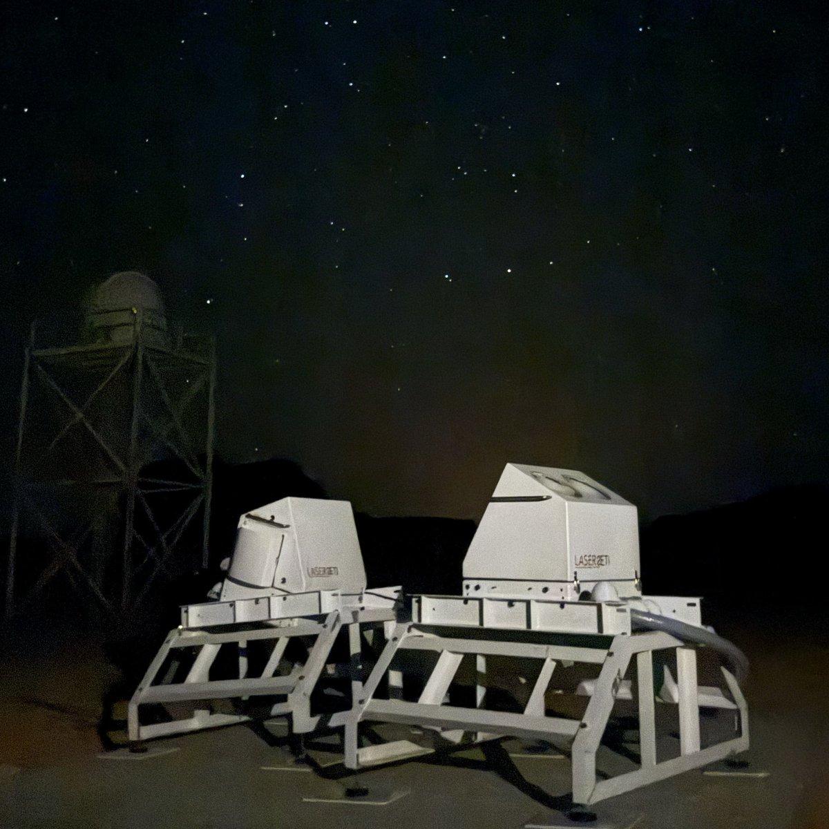 One LaserSETI station installed on the AlUla Manara plateau, with its metal enclosures and cameras pointed at the desert sky.