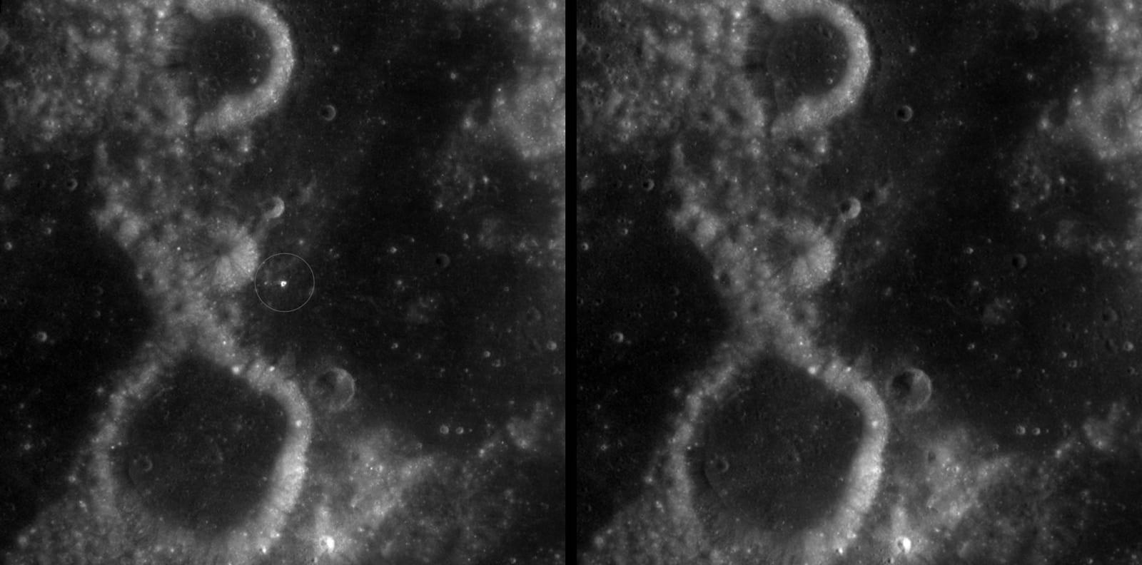 Two views of the same region on the Moon's eastern limb: on the left in 2025, a bright spot with a dark halo, on the right the same area in 2011 with nothing.